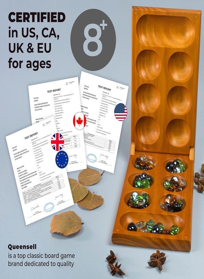 Queensell Mancala Board Game with Magnetic Lock - Classic 2-Player Folding Game - Wooden Mancala Set with 56 Glass Pebbles - Mancala Game for Kids and Adults - Image 5